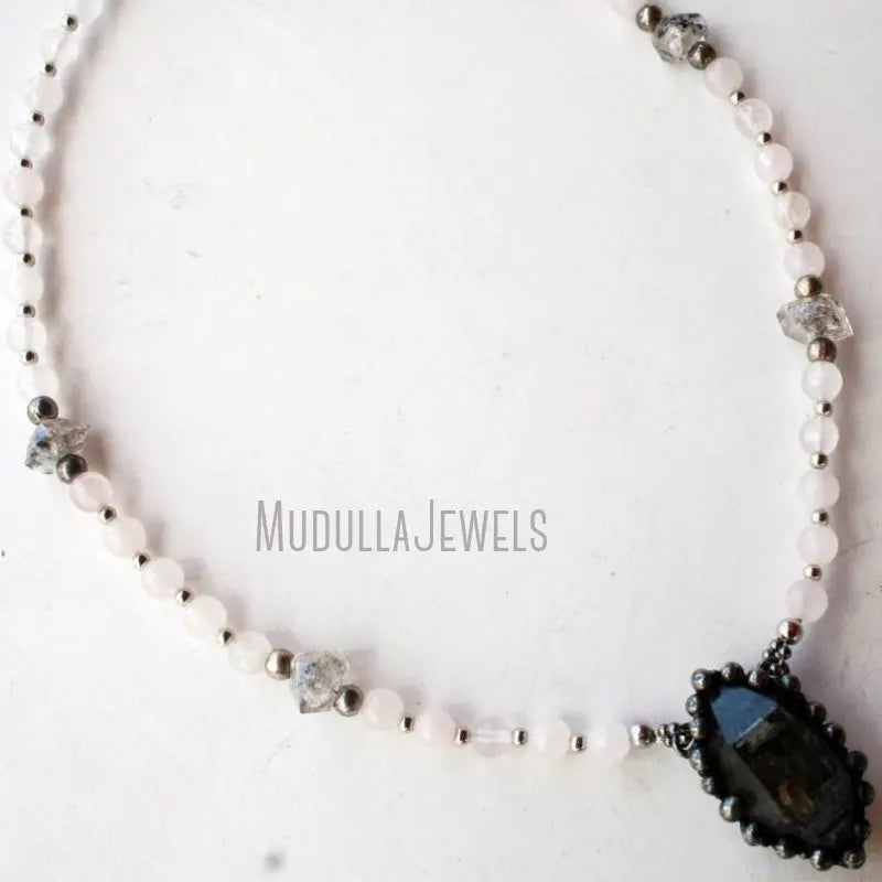 NM43192 Double Terminated Tibetan Quartz Crystal Rose Quartz Necklace Herkimer Diamond Beaded Rose Quartz Layering Necklace