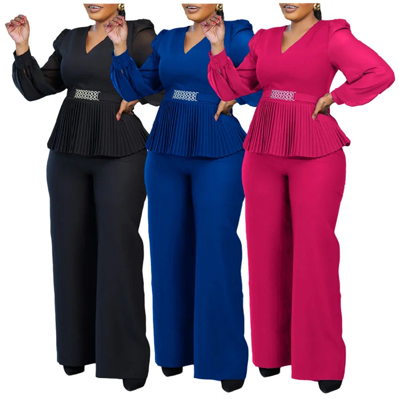 D555 Trendy Ladies Office Wear Women Two Piece Set Elegant Long Sleeve V-neck Top Wide Leg Pants Set Two Piece Outfits for Women