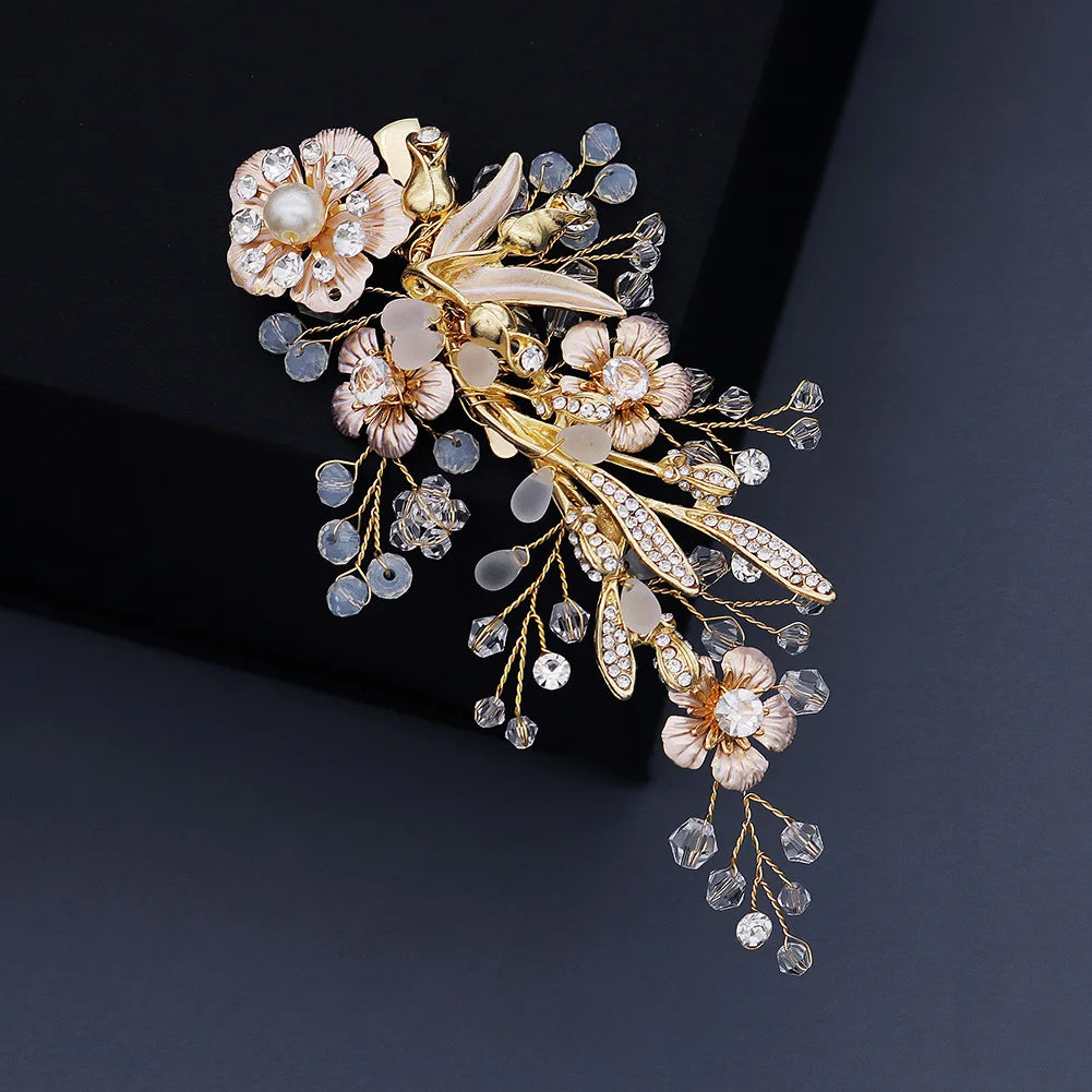 Gold Flower Crystal Diamond Bride Hair Clip Wedding Elegant Woman Jewelry Hair Accessories