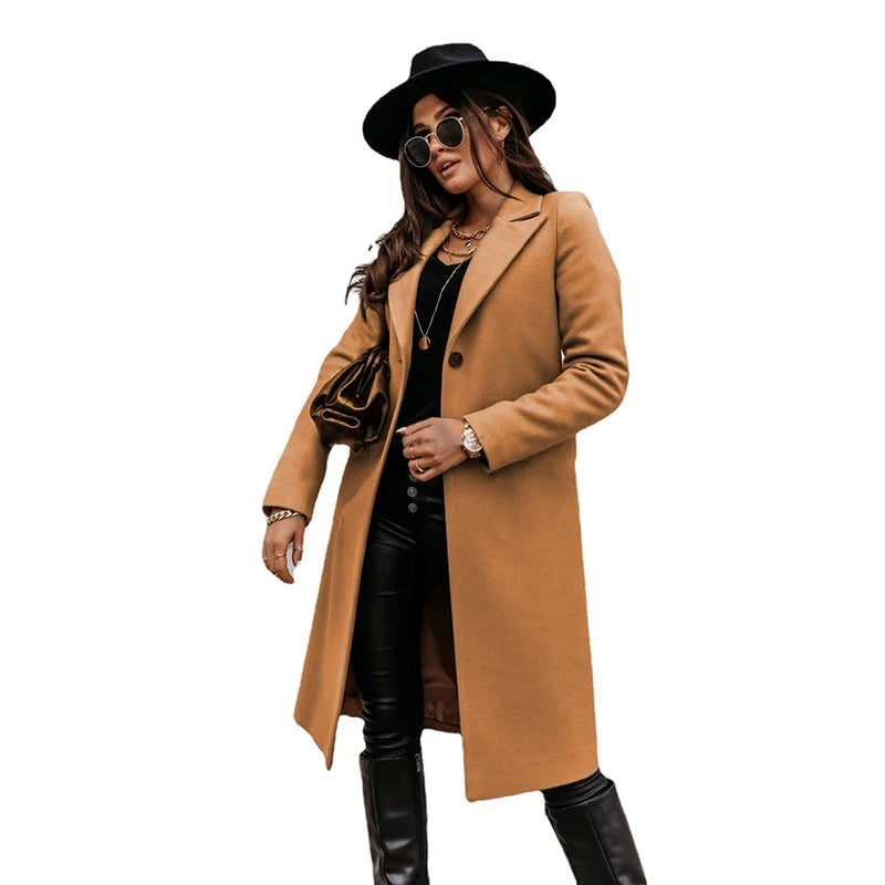 Fall Winter Solid Color Jacket Long Suit Collar Woolen Coat Women's Clothing Trench Coat