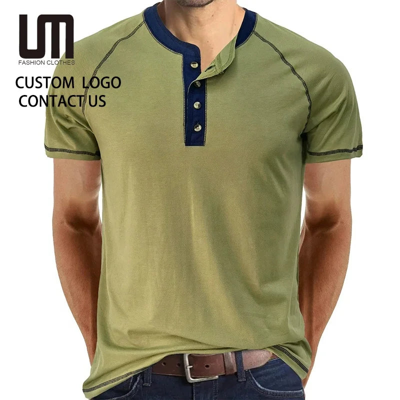 Clearance Sales Fashion Summer Streetwear Men's Casual Patchwork V-neck Short Sleeve Cotton