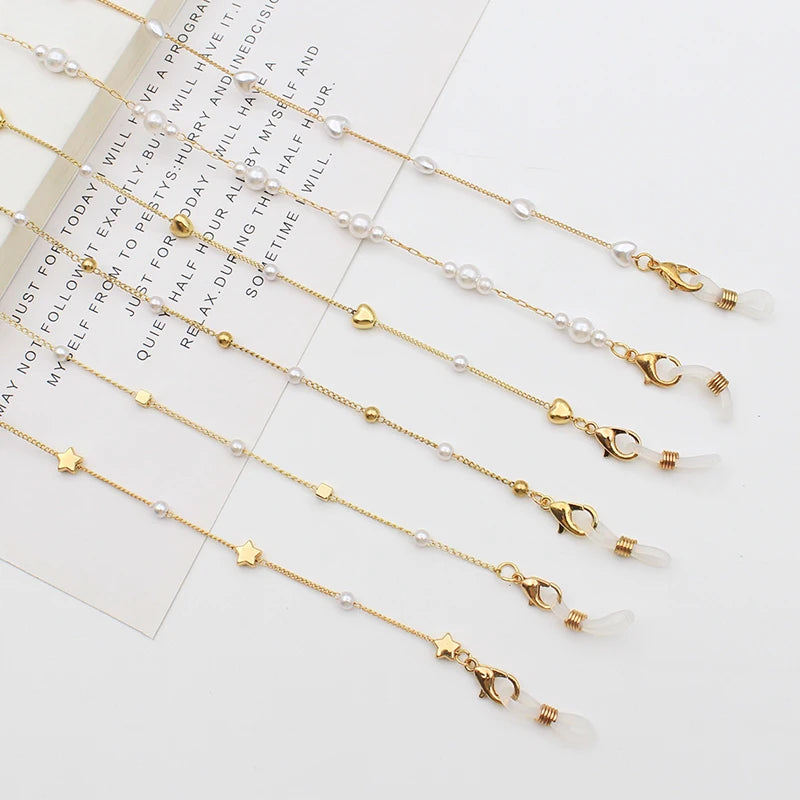 Fahion Jewelry Heart Pearl Face Masking Chain Gold Stras Glasses Lanyard Chain Baroque Masking Holder Pearl Chain for Woman