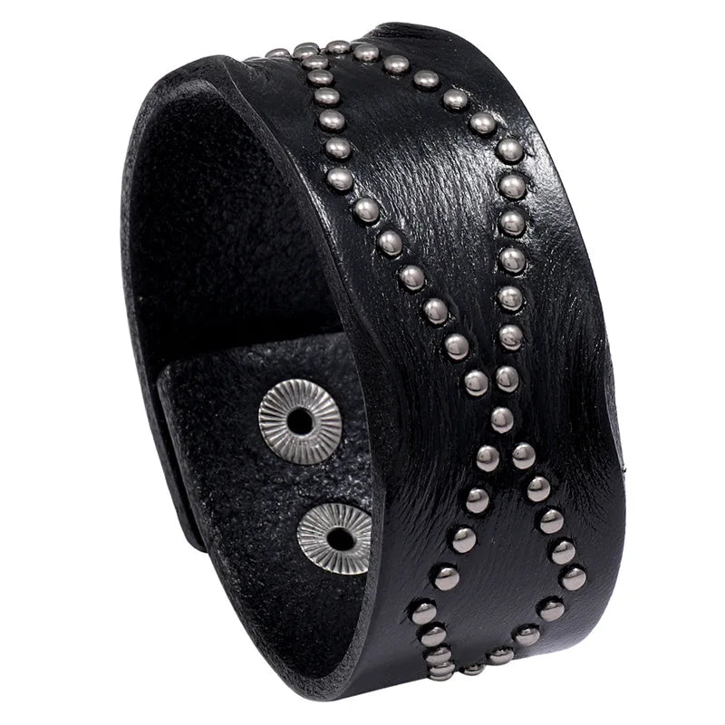 Best-Selling Personalized Punk Style Cowhide Bracelet - Vintage Riveted Wide Leather Wristband and Bracelet
