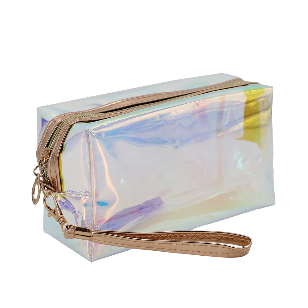 Shiny Removable Wrist Strip Transparent Holographic Makeup Toiletry Bag Portable Waterproof Clear Fashion Zipper Pouch OEM
