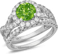 Round Cut Halo Unique Solitaire Accent Genuine Flawless Natural Green Peridot Engagement Wedding Ring Band Set