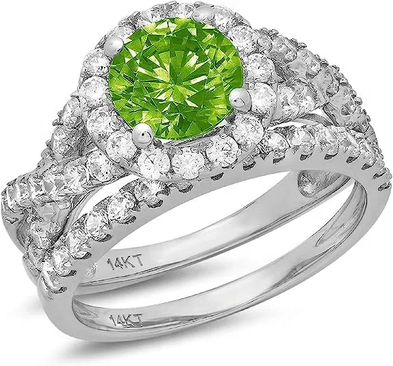 Round Cut Halo Unique Solitaire Accent Genuine Flawless Natural Green Peridot Engagement Wedding Ring Band Set