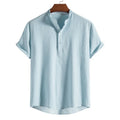 RNSHANGER Men Stand Collar Stripe Shirts Casual Summer Short Sleeve Breathable Shirts Loose Plus Size Male Shirts