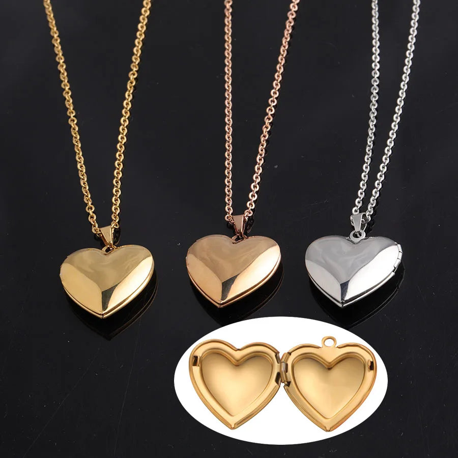 Trendy 18K Gold Plated Stainless Steel Memory Picture Love Heart Locket Pendant Necklace Fashion Jewelry with Link Chain