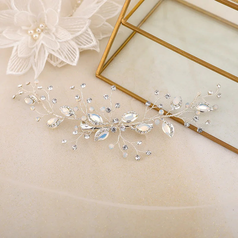 SLBRIDAL Handmade AB Crystal Rhinestone Alloy Flower Leaf Bridal Hair Clip Barrettes Wedding Hair Accessories Women Hair Jewelry