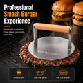 Stainless Steel Durable Heat Resistant Protein Press Wooden Handle Burger Smasher BBQ Sear Press for Grill Camping Cooking