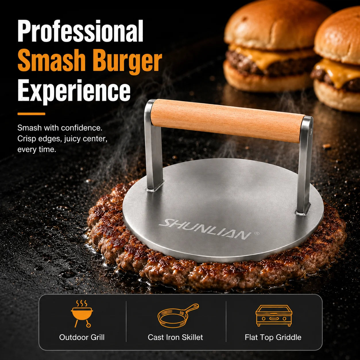 Stainless Steel Durable Heat Resistant Protein Press Wooden Handle Burger Smasher BBQ Sear Press for Grill Camping Cooking