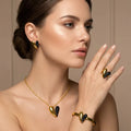 JUSNOVA Waterproof 18K PVD Gold Plated Stainless Steel Heart Jewelry Set Black CZ Necklace Ring Earrings Bracelet