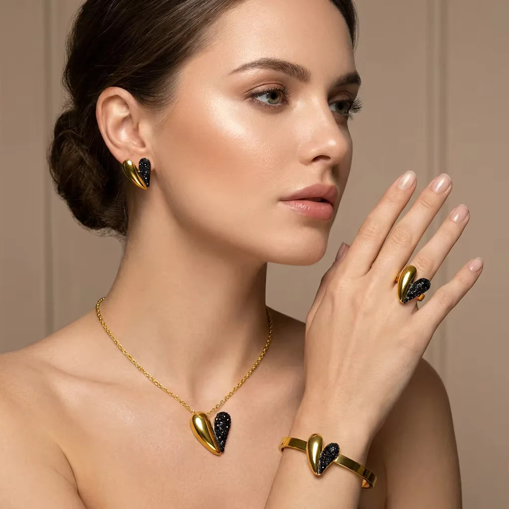 JUSNOVA Waterproof 18K PVD Gold Plated Stainless Steel Heart Jewelry Set Black CZ Necklace Ring Earrings Bracelet