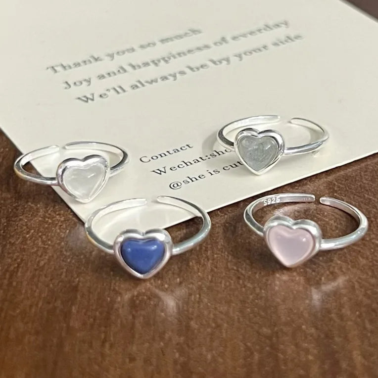 Popular 925 Sterling Silver Bezel Setting Crystal Ore Heart Adjustable Finger Ring for Women Wholesale