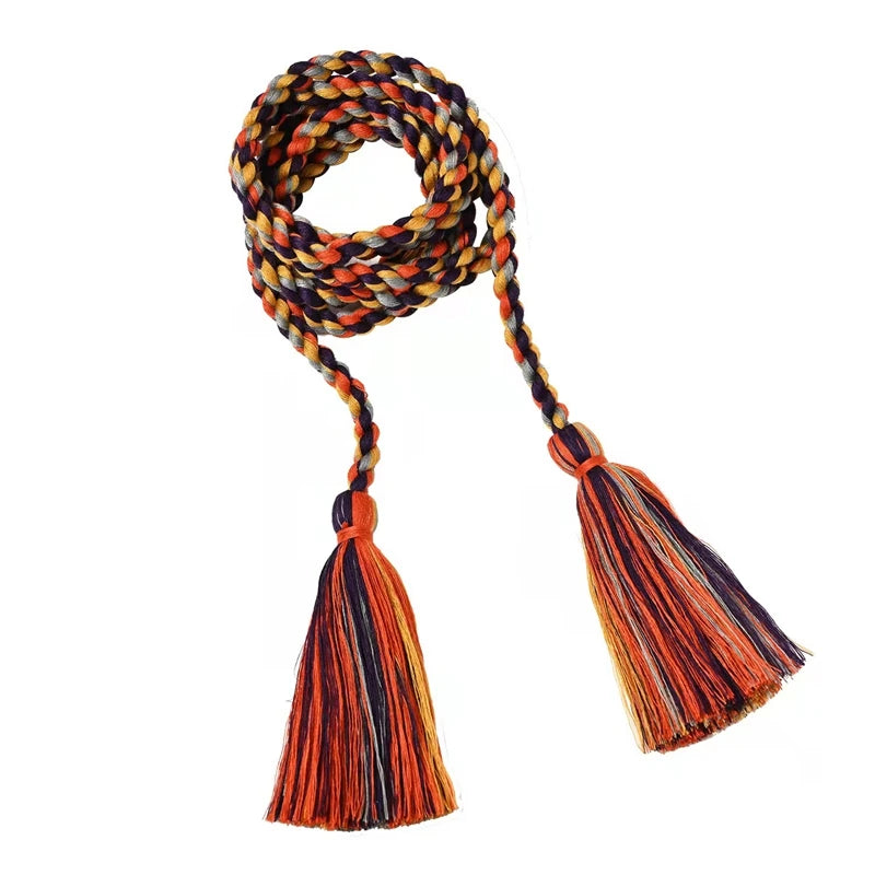 Ethnic Style Colored Cotton Thread Woven Women's Thin Belt Tassel Waist Chain Curtain Fashion Home Decor