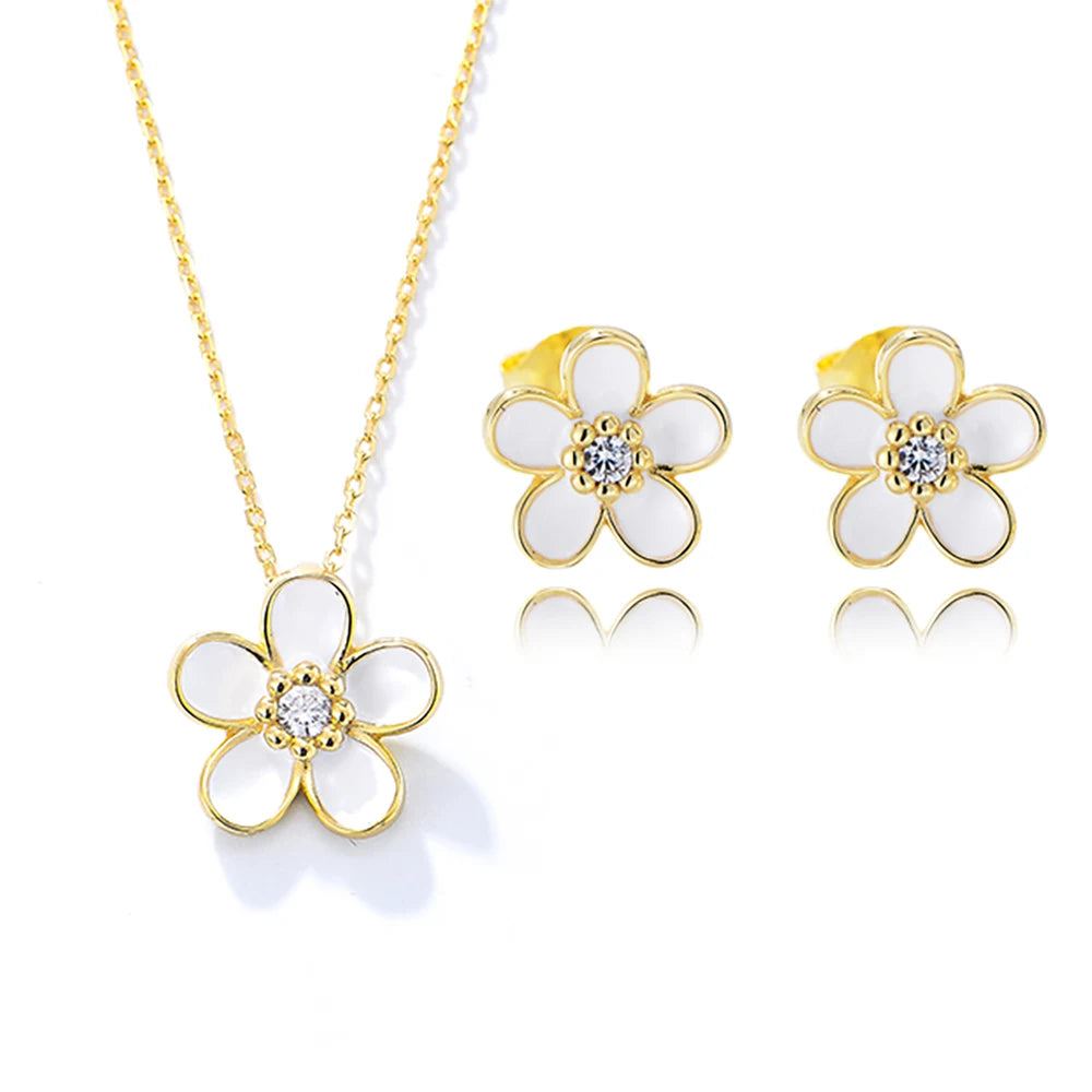 New Trendy Enamel Colorful Jewelry 925 Sterling Silver Cubic Zircon Gold Necklace Earrings Design Enamel Flower Jewelry Set