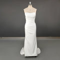 8998# Simple Spaghetti Straps Satin Backless Wedding Gowns Buttons Ribbon Trailing Open Back Cowl Neck Ruched Bow Bridal Dress
