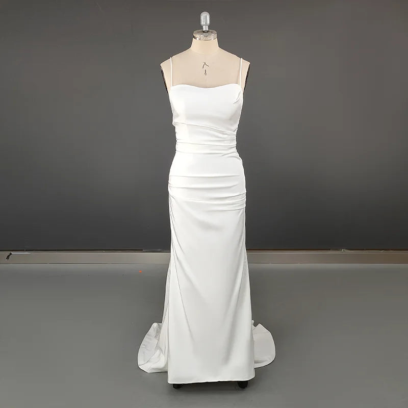 8998# Simple Spaghetti Straps Satin Backless Wedding Gowns Buttons Ribbon Trailing Open Back Cowl Neck Ruched Bow Bridal Dress