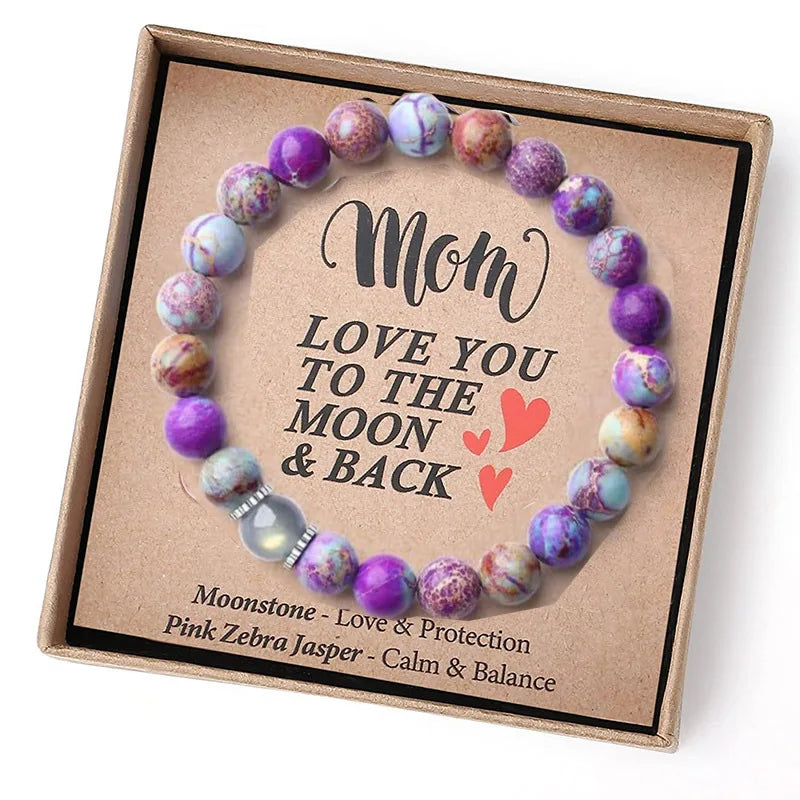Mother's Day Gift Birthday Gift Crystal Pink Zebra Moonstone Stone Beaded Card Bracelet Women Gifts