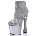 Silver Glitter Powder Sequin High Heels Thick Heels 18 cm Bare Boots Banquet Women's Large High Heels Fashion Boots