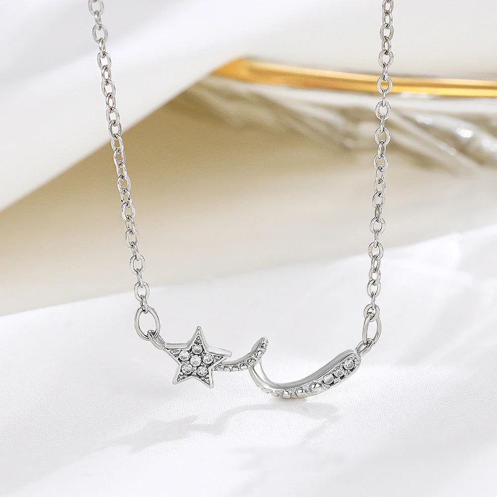 925 Pure Silver CZ Diamond Star Pendant Personality Simple Women Shooting Star Necklace