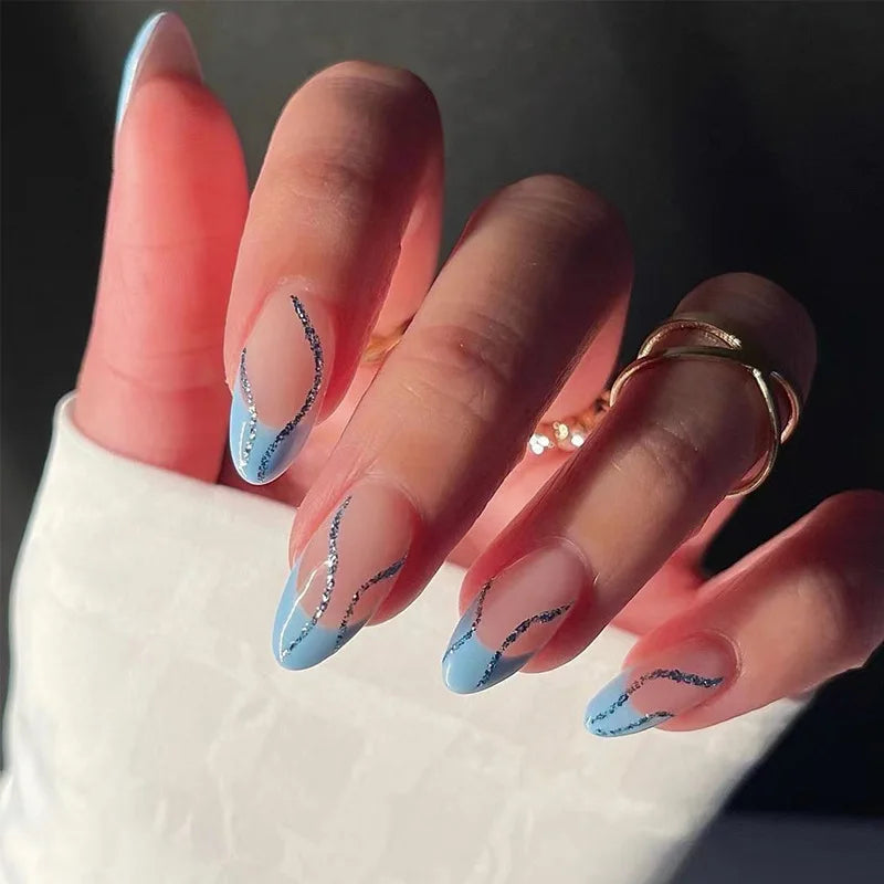 Wholesale Small Size Private Label French Almond Lines Design Short Press on Nail Artificial Fingernails
