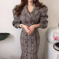 Boutique Wholesale 2026 Autumn French Vintage Suit Collar Double Breasted Slim Fit Checkered Fish Tail Women's Dress