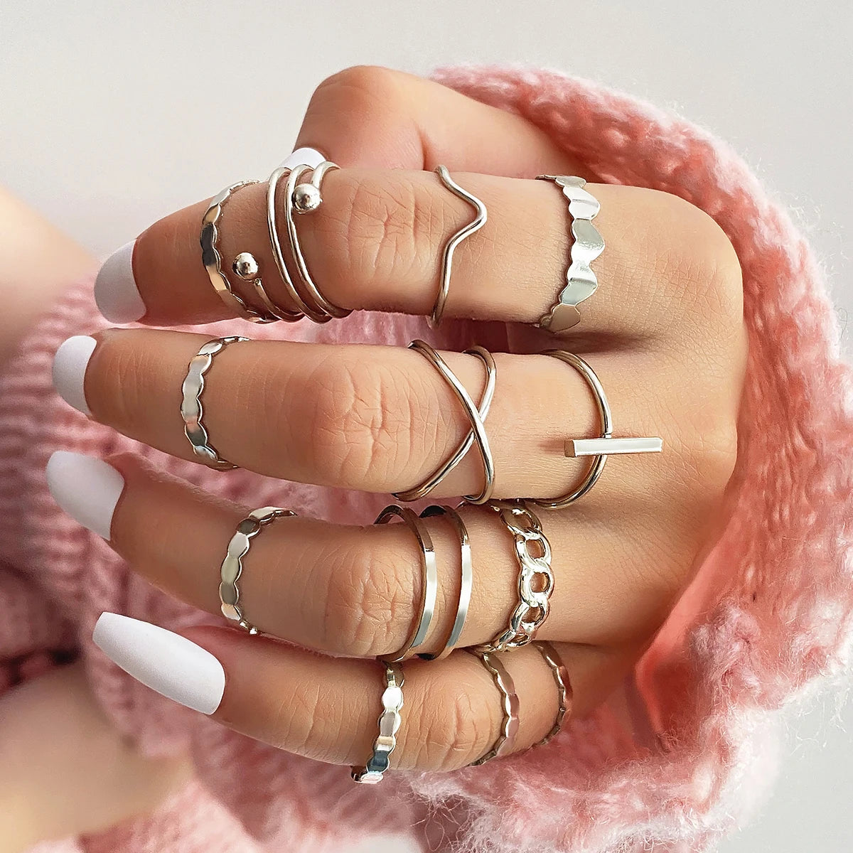 13pcs/set Fashion Silver Geometric Finger Ring Set Punk Diamond Chunky Pearl Rings Set for Women Jewelry Gift