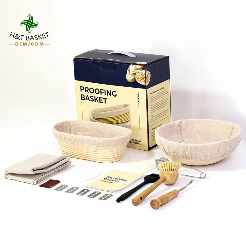 HT Natural Bread Proofing Basket Set Incl 9'' Round & 10'' Oval Rattan Banneton Dough Whisk Scraper Lame Linen