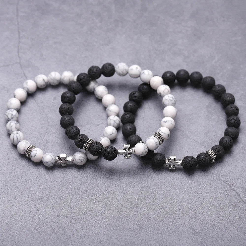 Trendy 8mm Silver Cross Charm Rosary Beads Pendant Bracelets for Women Men Fashionable Gift for Weddings Parties Anniversaries