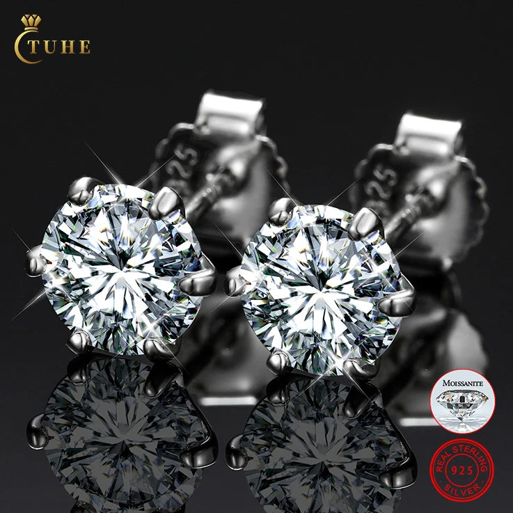 2022 Trend Women Jewelry 925 Sterling Silver 6 Prong Set 6.5mm 1ct Round Brilliant Cut VVS Moissanite Diamond Stud Earrings