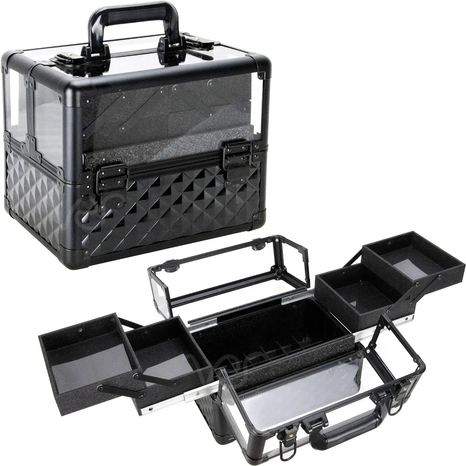 Fashionable Acrylic Black Diamond Cosmetic Case Organizer Train Makeup Case 4 Extendable Trays Zipper Closure Made Polyester