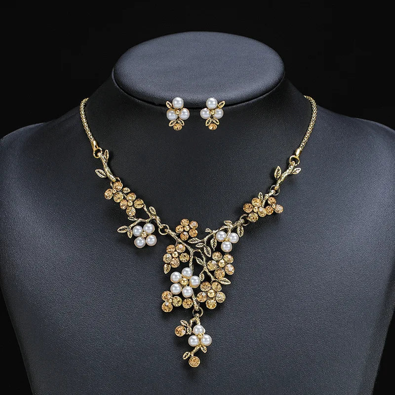 Vintage Inspired Wedding Jewelry Set Pretty Pearl Flower Earrings and Necklace on a Branch for Parties and Engagements