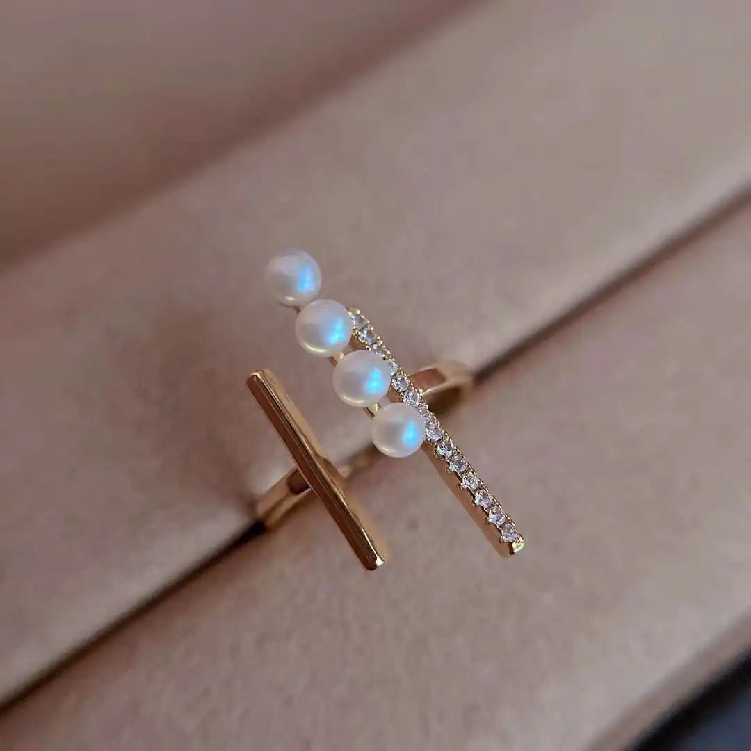 Open Design 18K Gold Plated Double Balance Beam Ring 3-4 mm Freshwater Pearl Ring Unlimited Finger Circumference