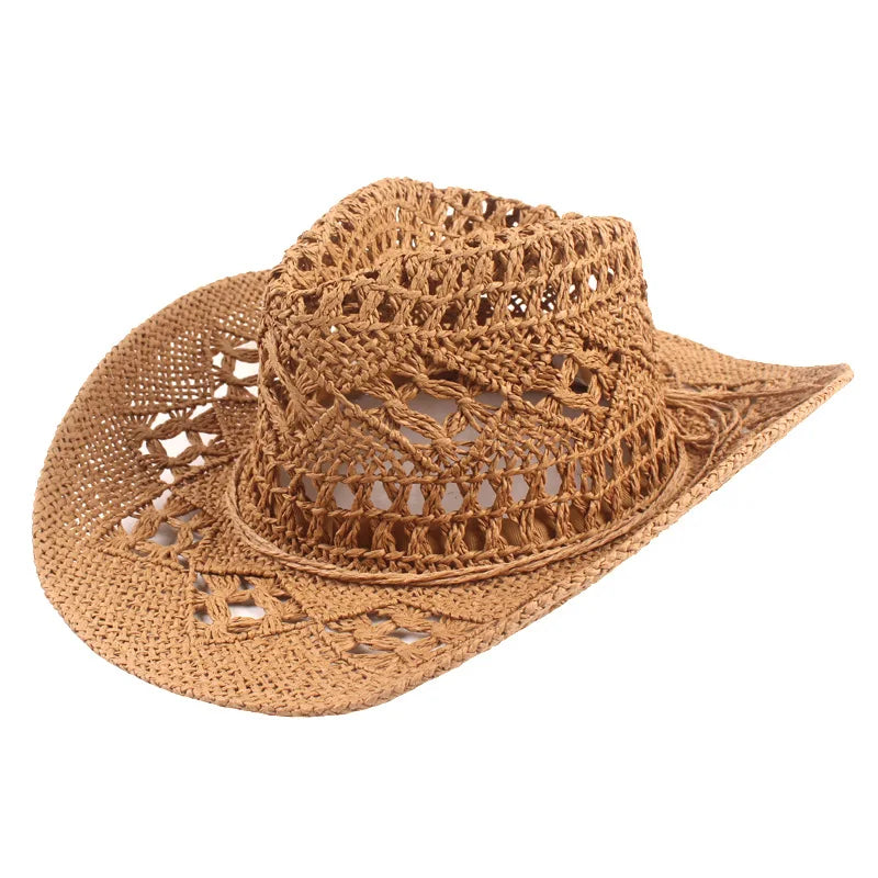 Handmade Paper Straw Cowboy Hat Mexico Sombreros Carbonization Summer Beach Sun West Cowboy Cowgirl Hat
