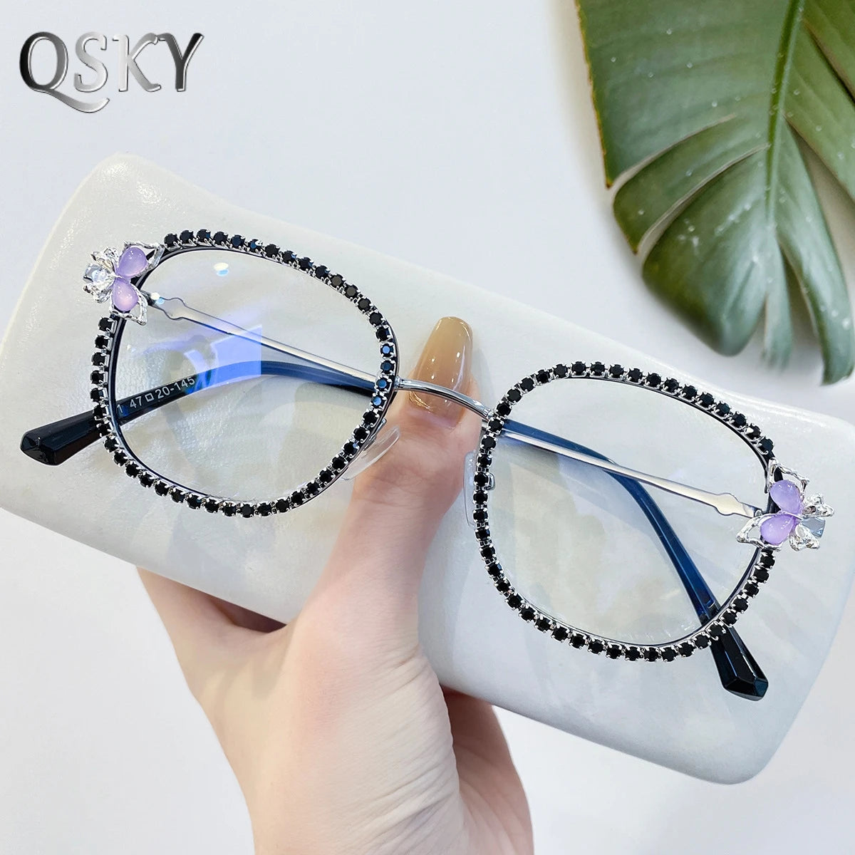 Luxury Custom Logo Retro Cat's Eye Full Frame Square Glasses Diamond Encrusted Pearl Decorative Eyeglass Frames Personalized