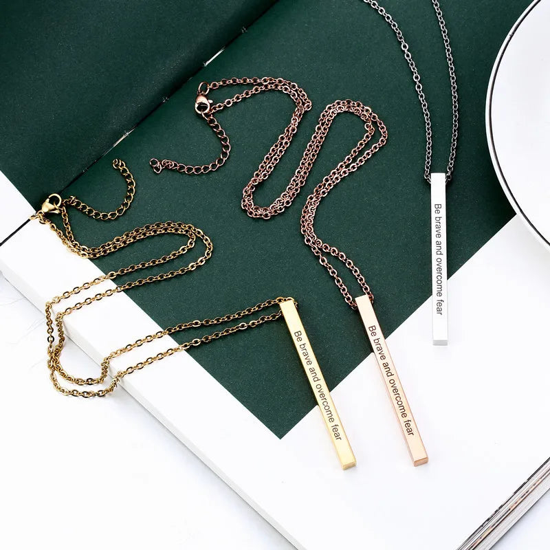 Minimalist Vertical Stainless Steel Tiny Pendant Bar Engraved Necklace Customized Letter
