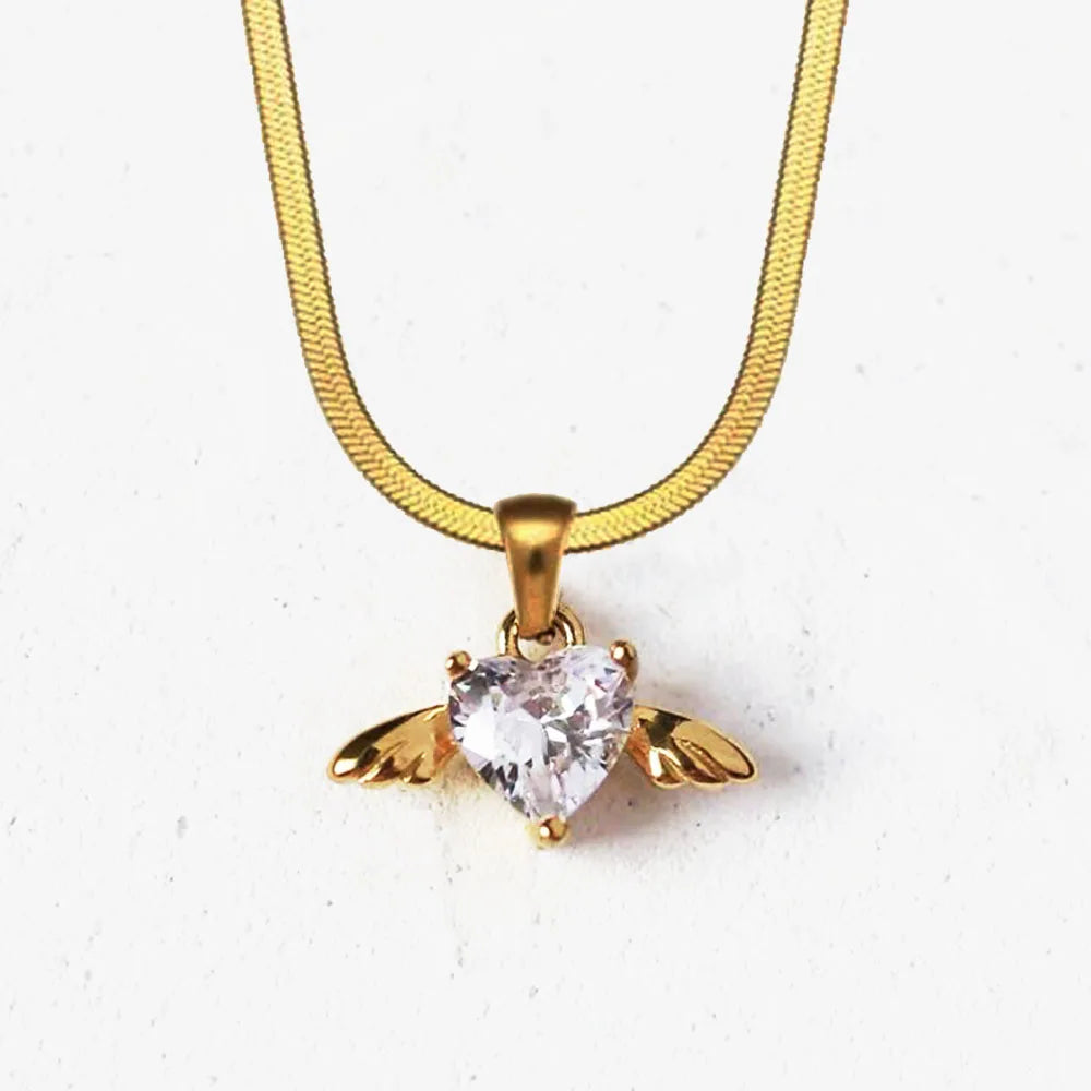 Waterproof Flat Herringbone Chain Choker Necklace Wing Heart Pendant Women White Cubic Zircon Stone Cz Snake Necklace