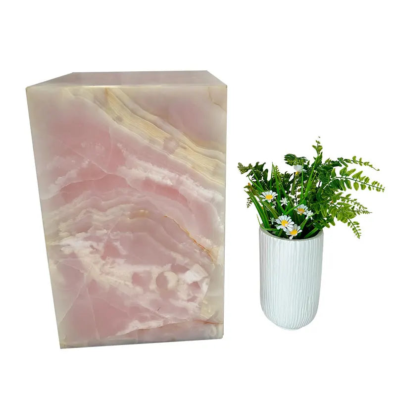 HZX Customized Natural Stone Furniture Home Villa Decor Bedside Pink Onyx Display Stand Marble Side Table Plinth Jewellery