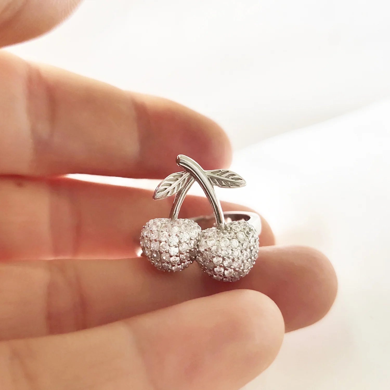 925 Sterling Silver Rhodium 18k Gold Jewelry Wholesale Custom Fashion Adjustable Pave CZ Diamond 3D Cherry Ring