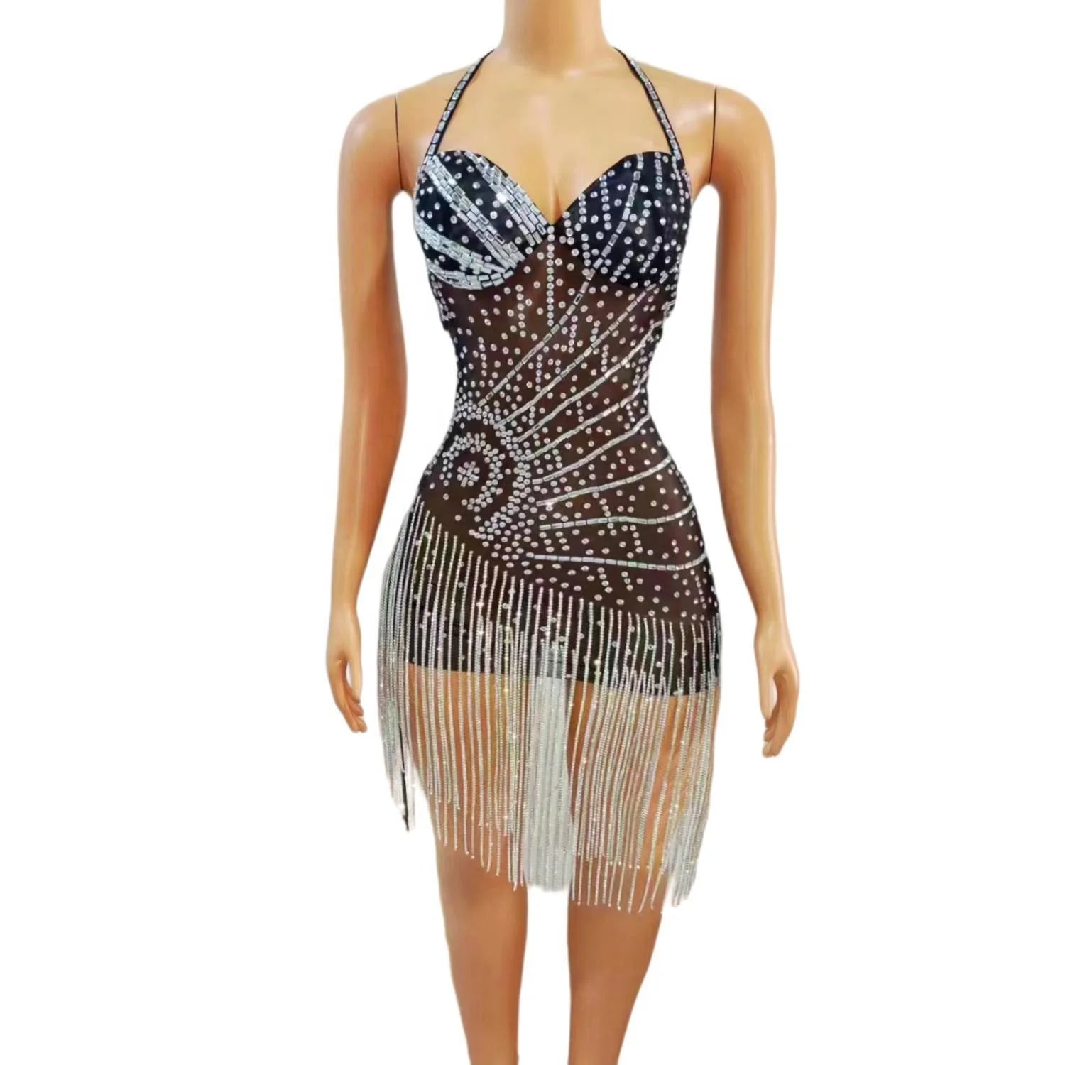 2023 Sexy See Through Crystal Tassel Bodycon Latin Dance Dress Spaghetti Slip Backless Prom Mini Dress Women Party Club Dress