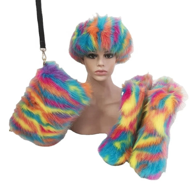 2021 New Winter Adults Shoes Flat Heel Faux Fur Boots Women Warm Snow Boots Sets with Headband and Bag Cheap Wholesale for Kids