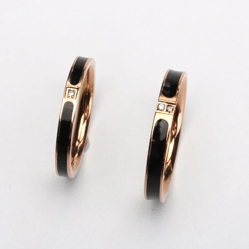 New Enamel CZ Ring Rose Gold Stainless Steel Ring Zircon Pave Black Enamel Ring for Women and Men Gift