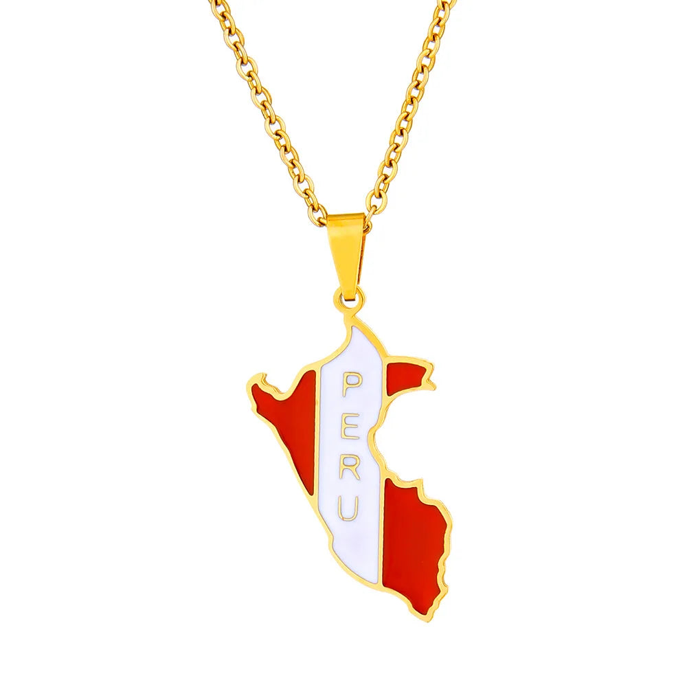 Fashion Popular Gift Stainless Steel Gold Plated Enamel South America Country Peru Map Shape Pendant Jewelry Necklace