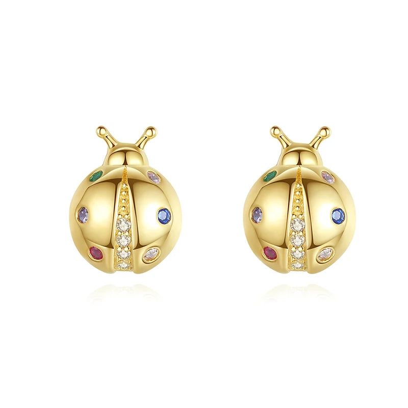 CZCITY Cute Animal 925 Sterling Silver Zircon Stud 14K Gold Plated Ladybug Earrings for Woman