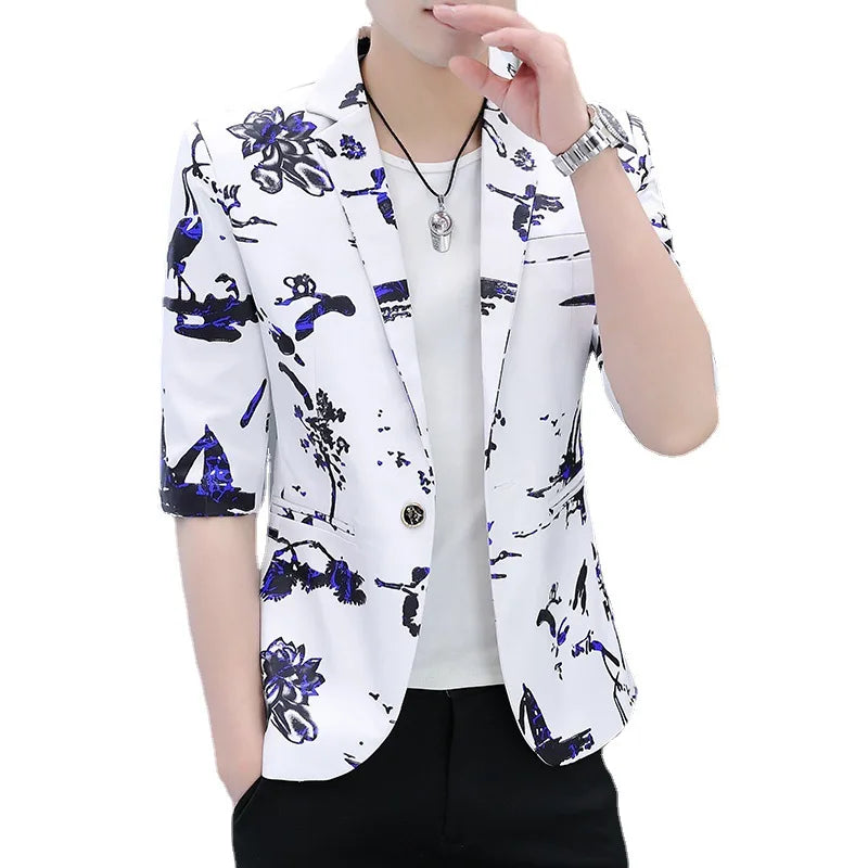 M-3XL Summer 3/4 Sleeve Small Suit Personalized Stylist Medium Sleeve Suit Printed Thin Top blazer Coat