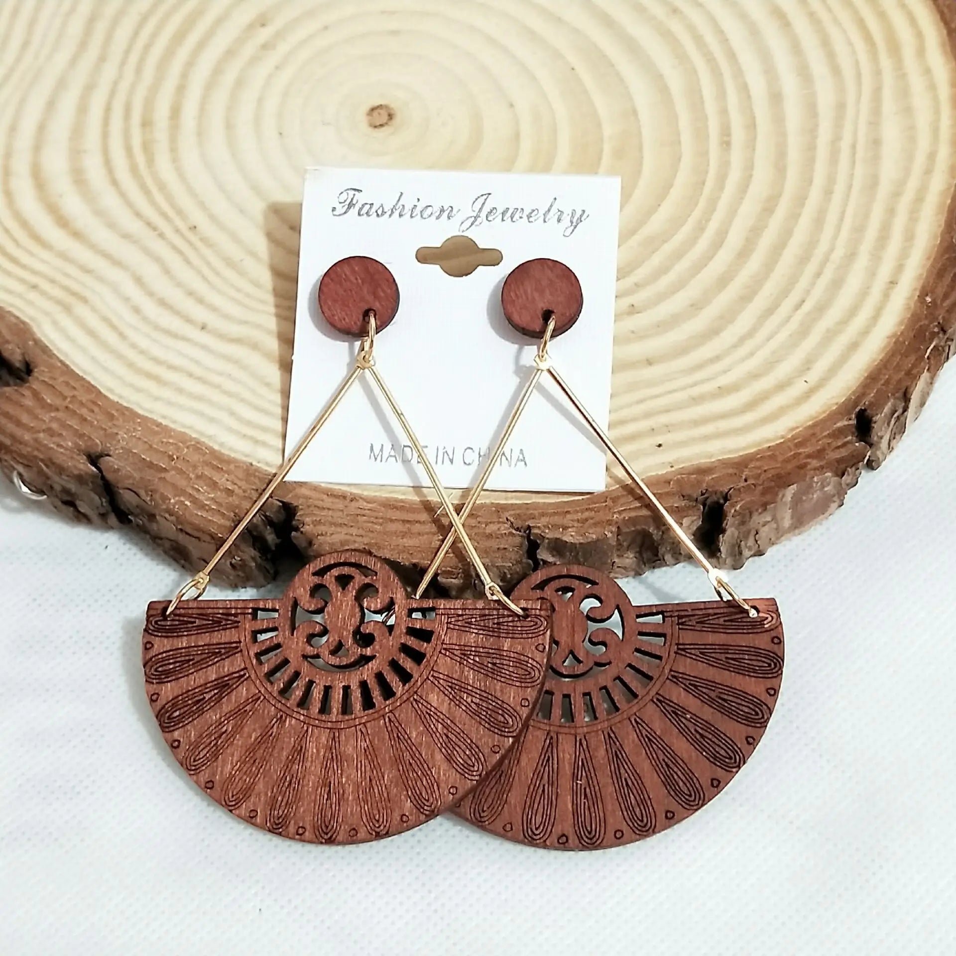Vintage Geometric Plain Half Circle Drop Earrings Women's Stylish Wood Fan Shaped Jewelry