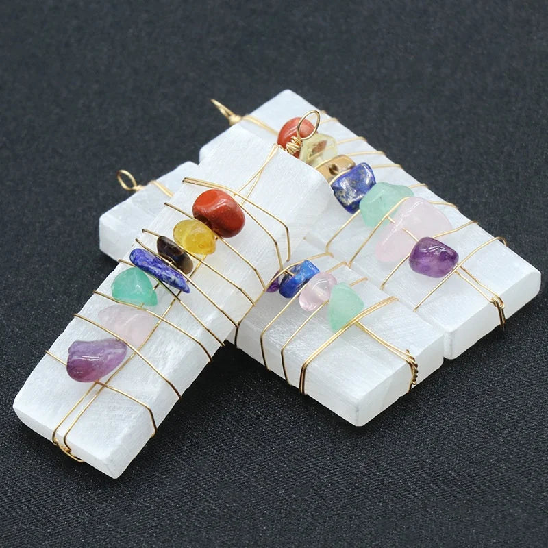 Natural Selenite 7 Chakra Gravel Wire Wound Pendant Crystal for Healing Meditation Fengshui Products Home Decoration Gift