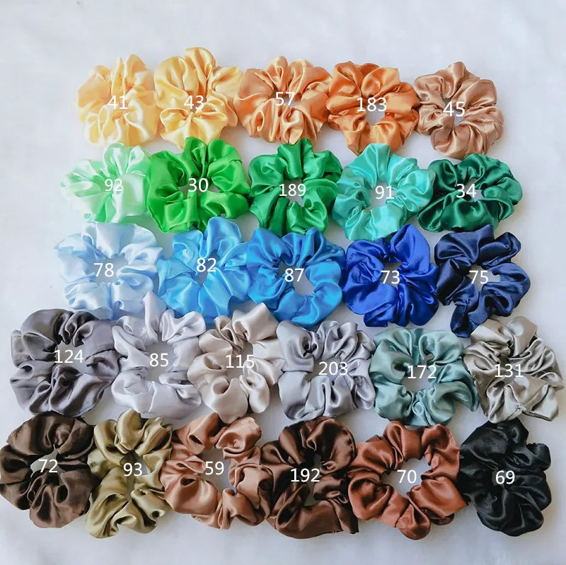 KUACHI Wholesale 52 Colors New Satin Opersonalised Scrunchie Solid Color Bright Large Satin Scrunchies Custom Logo