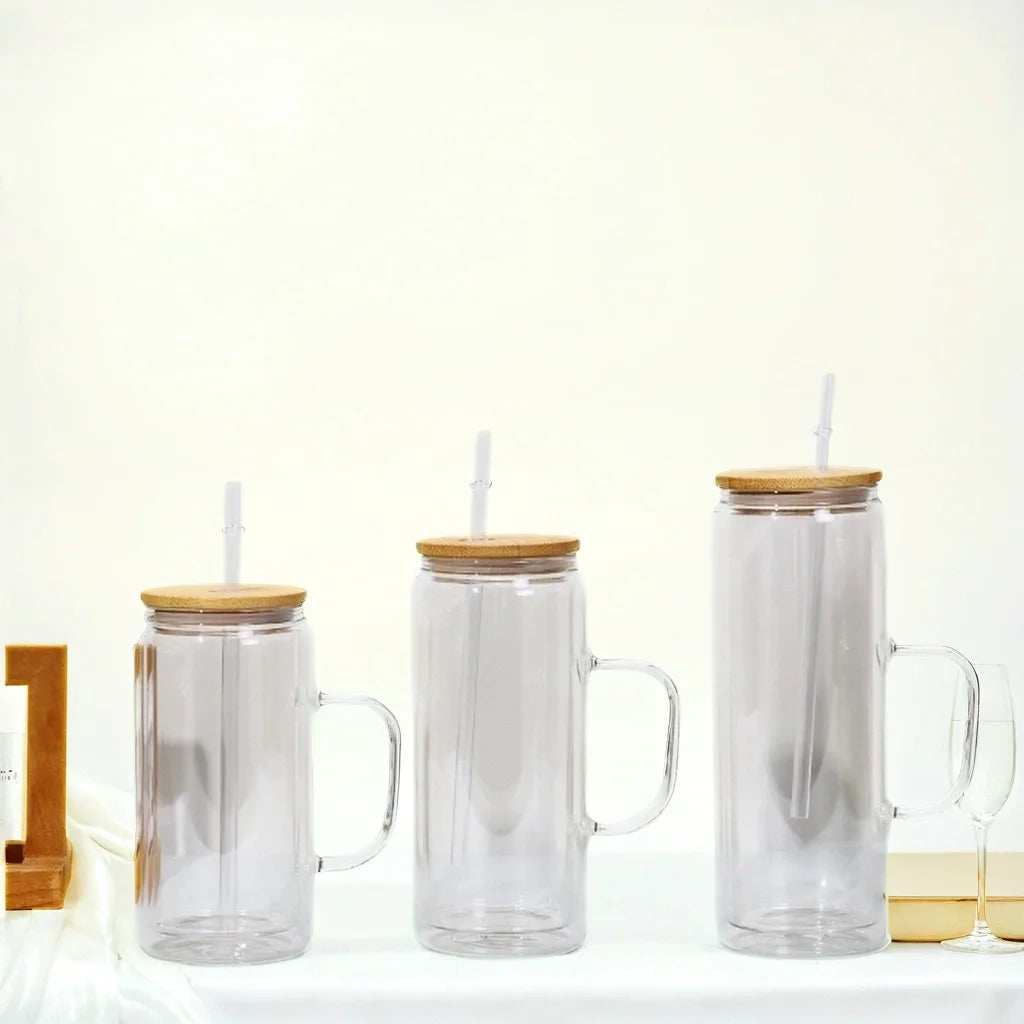 12oz 16oz 20oz Double Wall  High Borosilicate Glass Cup Snow Globe Tumbler Glass Can Shape With Handle Bamboo Lid and Straw